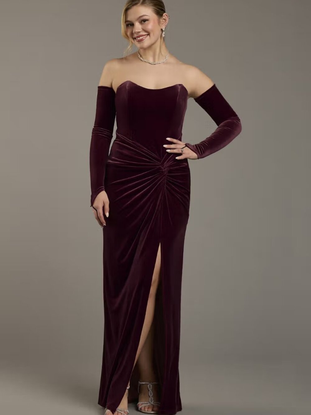 NWT David's Bridal Wine Velvet Strapless Sheath Dress + Matching Gloves Size 10